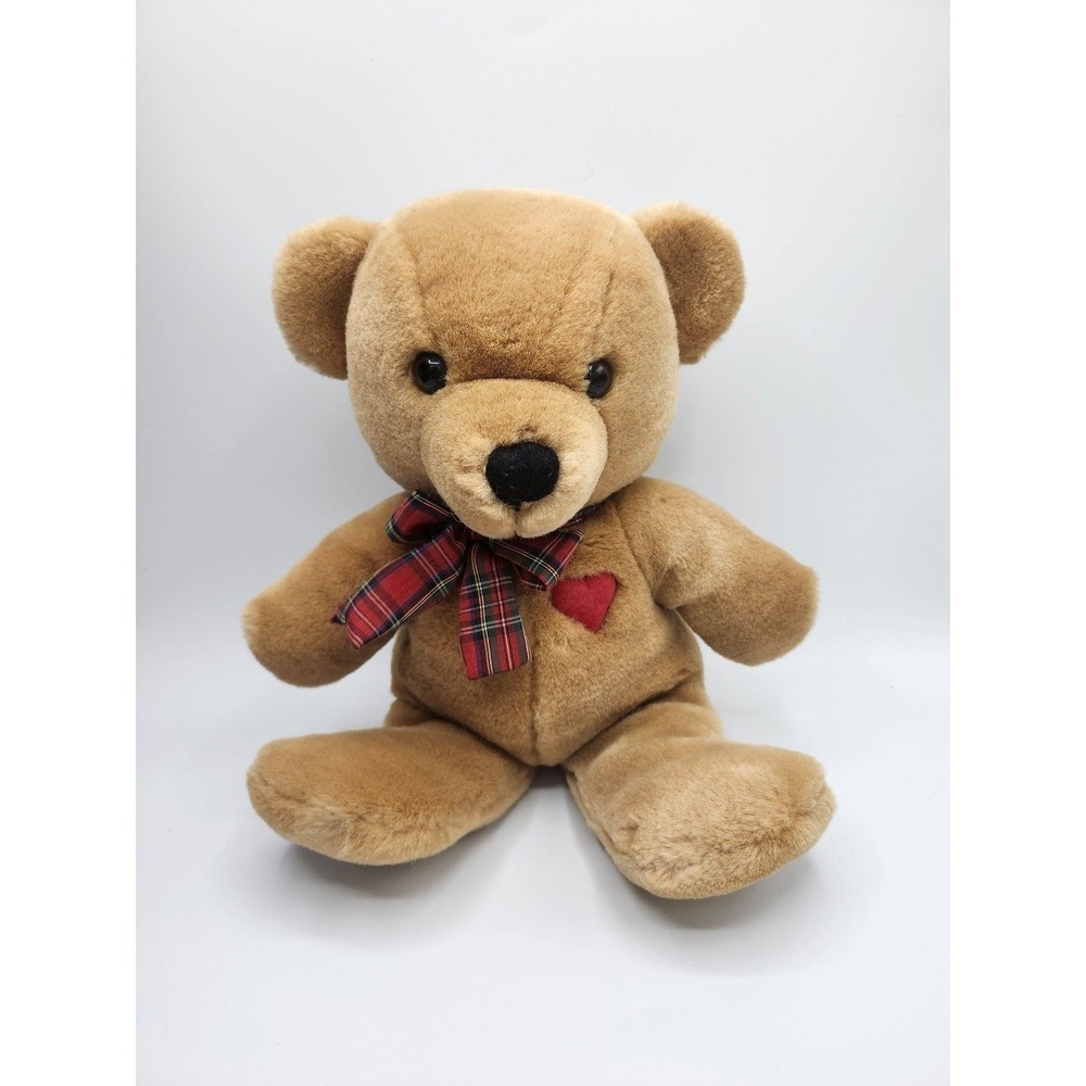 14" 1983 DAKIN Baby Things Brown PLUSH Red Heart Plaid Bow Bear B2